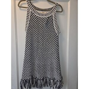 Soft Surroundings Navy Blue White Striped Knit Fringe Halter Tank Top PM